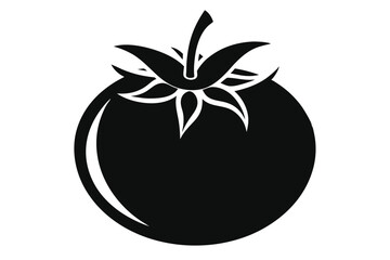 Silhouette tomato with stem and leaves presents a simple vegetable icon