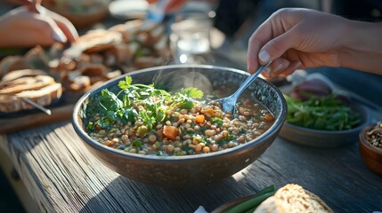 Person enjoying a warm bowl of lentil stew made with locally sourced ingredients