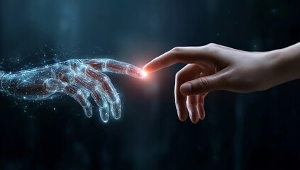 Artificial intelligence and a human hand touching each other, a digital technology concept for the