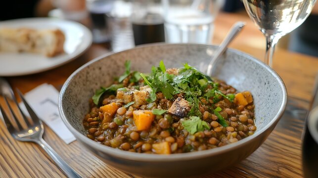 Person enjoying a warm bowl of lentil stew made with locally sourced ingredients