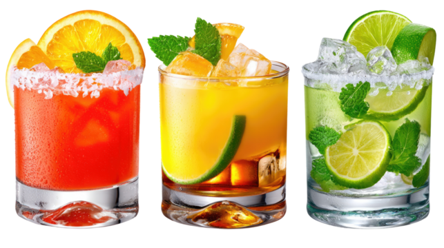 Refreshing Cocktail Trio: Three vibrant cocktails—a sunrise-colored concoction, a zesty orange delight, and a refreshing lime drink—garnish with citrus fruits and mint,  beckon with summery appeal.