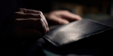 Fototapeta premium Hand holding leather wallet in dimly lit room