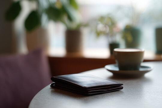 Cozy scene with wallet and coffee cup on table