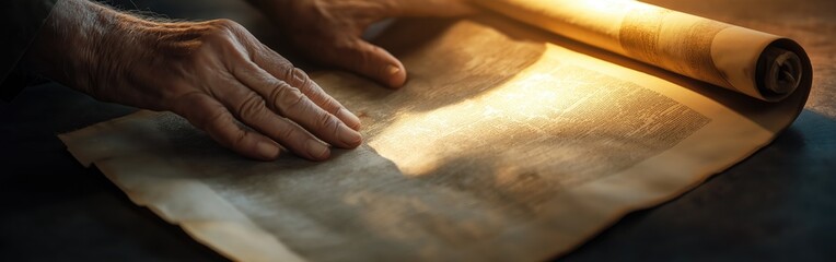 A divine light illuminates an ancient scroll as an old man unrolls it, revealing a timeless message of God's wisdom to guide His people through generations.
