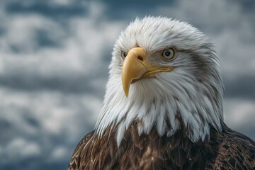 Obraz premium A majestic eagle perched, showcasing its detailed feathers and sharp gaze against a cloudy sky.