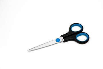 Blue Plastic Scissors Isolated on White Background. Top View