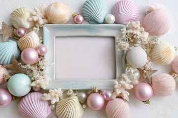 Obraz premium Pastel colored frame adorned with seashells and decorative elements for a beach vibe.