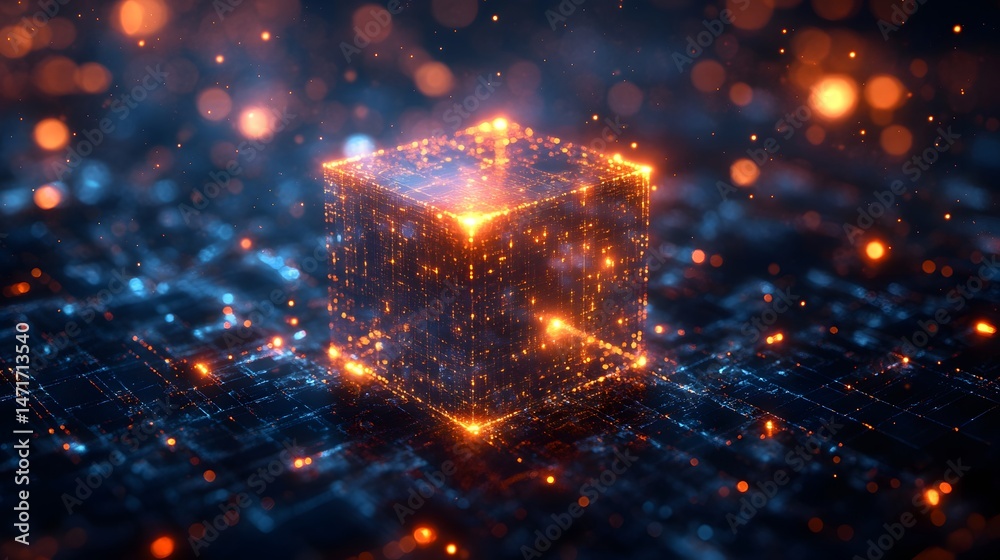 Poster a digital illuminated cube floats above a network of shimmering circuits, creating an amazing atmosp
