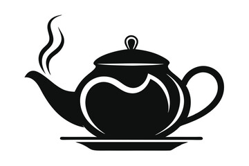 Stylish black teapot gracefully sitting on saucer with visible steam rises elegantly against a white background