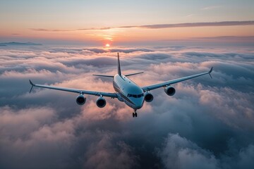 Obraz premium Breathtaking Airplane Flight Above Misty Clouds at Dawn