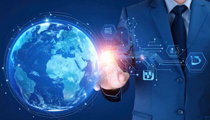 Businessman Touching Globe with Digital Connection and Data Interface