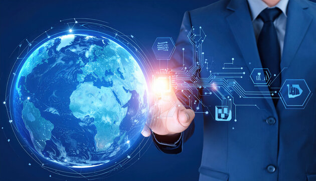 Businessman Touching Globe with Digital Connection and Data Interface