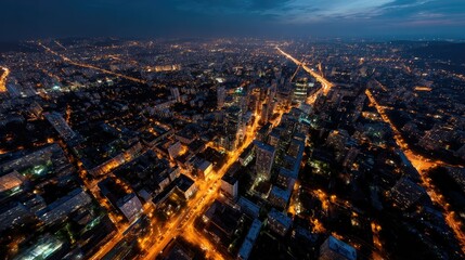 Fototapeta premium Aerial view of a sprawling city lit up at night, with vibrant street lights and high-rise buildings glowing in the darkness