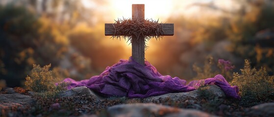 Vector illustration of Christian cross with crown of thorns and purple cloth at sunset sky, symbolizing Jesus’ sacrifice and Lent reflection, with empty space for Easter banner and text.