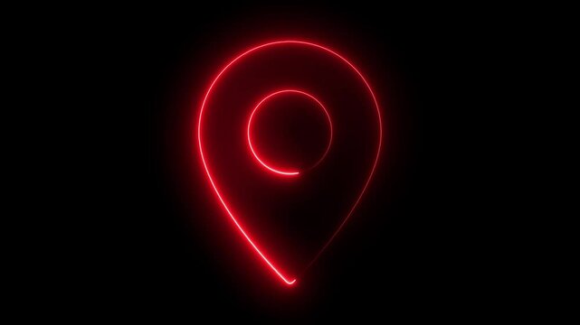 Glowing neon location icon animation. red color location icon  animation on black background.Glowing neon red color location map icon animation search place address track map sign symbol.