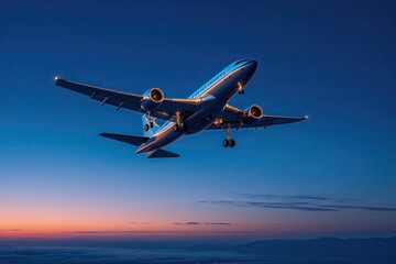 Naklejka premium Elegant Airplane Soaring into Gorgeous Cobalt Skies at Sunset
