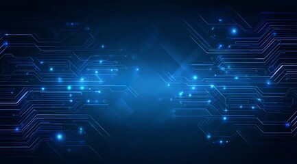Blue technological background with circuit board lines and light effects on a dark blue background,