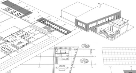 residential house plan sketch 3d illustration