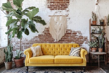 Rustic, cozy living room with mustard yellow sofa