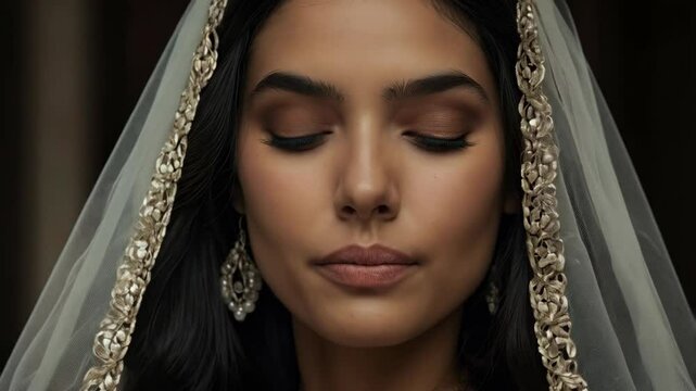 Captivating South Asian woman displays grace in stunning wedding attire and intricate veil, embodying serenity in a softly lit intimate space