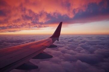 Obraz premium Airplane wing over clouds during sunset flight