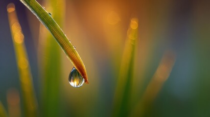 Dew Drop on Grass Blade with Soft Bokeh Background in Morning Light at Dawn