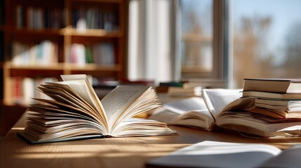 Fototapeta premium Books open on a desk in a sunlit library, with annotations and bookmarks, showing active learning and research