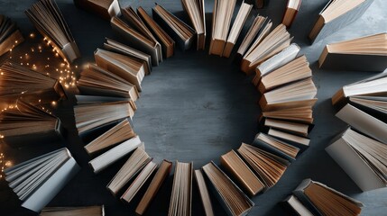 Fototapeta premium Books placed in a circular arrangement on a table, top view, symbolizing a community of knowledge