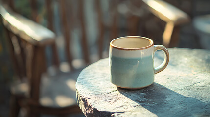 Warm light coffee flat lay at a cozy caf lifestyle branding with a ceramic mug on a stone table