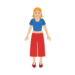 Happy young woman in casual clothes and blond hair vector illustration. Cheerful woman in blue tank top and red wide trousers icon. Smiling blonde girl standing front view cartoon