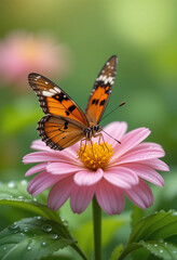 Fototapeta premium Nature’s Beauty: Butterfly on Flower in a Lush Garden