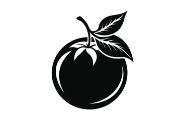 Black silhouette reveals a fresh ripe tomato adorned with vibrant leaves on white