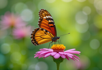 Naklejka premium Beautiful Butterfly Landing on a Delicate Pink Blossom
