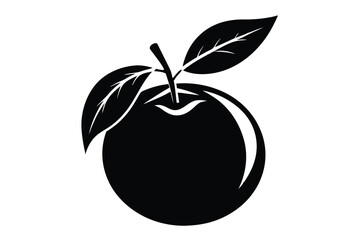 Black apple silhouette with two leaves attached shows simple fruit icon design