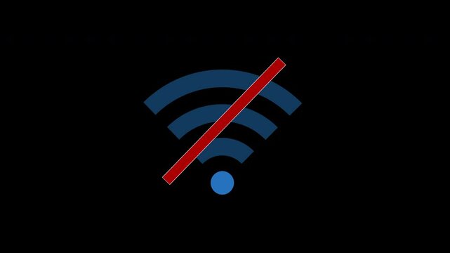 Animated Wi-Fi symbol briefly flashes before a red slash appears, signaling no wireless connection or network is available. The video visualizes typical connectivity problems with clarity.