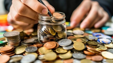 Saving Money: A Close-Up View of Coins Being Added to a Glass Jar