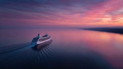Naklejka premium Cruise ship sailing through calm waters, with the horizon blending seamlessly into the sky during dusk