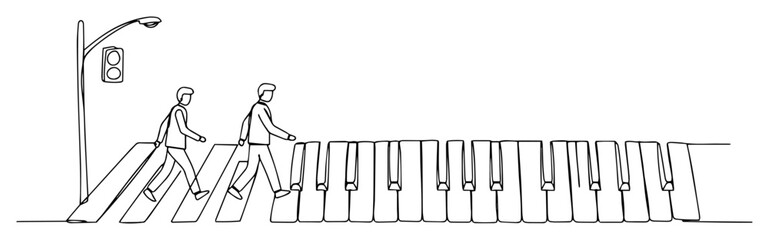 Minimalist vector of piano-shaped crosswalk with two walking people. Surreal and artistic line drawing