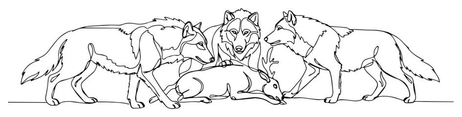 continuous line vector of wolves surrounding prey in minimal one line drawing style