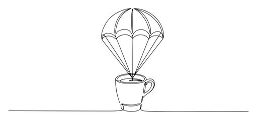 minimal vector of coffee cup floating with parachute in creative one line style