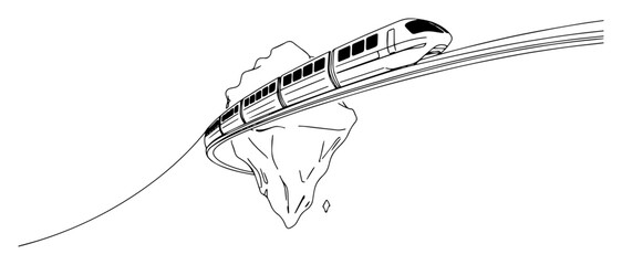 Line art train speeding off cliff toward iceberg, danger concept