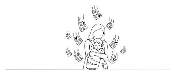 Minimalist line art businesswoman juggling flying banknotes, cash flow