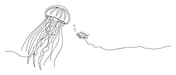 one line vector of jellyfish and submarine underwater, surreal marine concept drawing © Luka