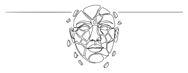 abstract vector of a broken human face in continuous line art, symbolizing fragility and emotion