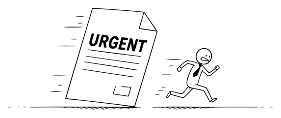 A man running away from an urgent document. Funny black and white line drawing about stress and deadlines