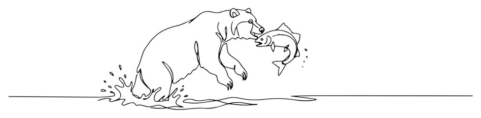 Bear catching fish in river, hunting scene line art