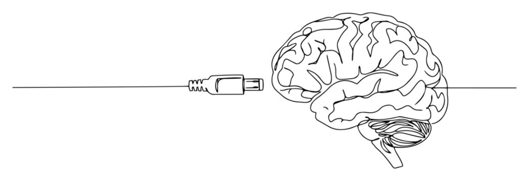 human brain with usb cable connection, symbolic vector illustration for technology and ai concepts