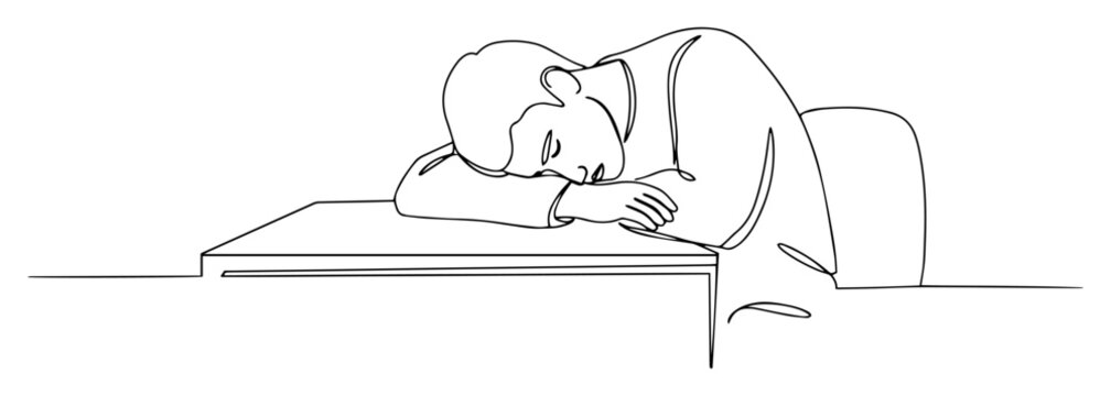 tired man sleeping at desk, continuous line vector drawing in black and white