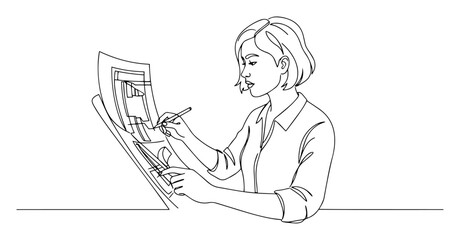 Digital artist sketching on tablet with stylus, one‑line drawing