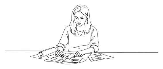 Female designer drafting blueprint on table, continuous line drawing